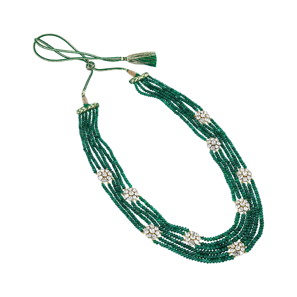 Layered Emerald Bead Necklace with Polki Floral Clusters